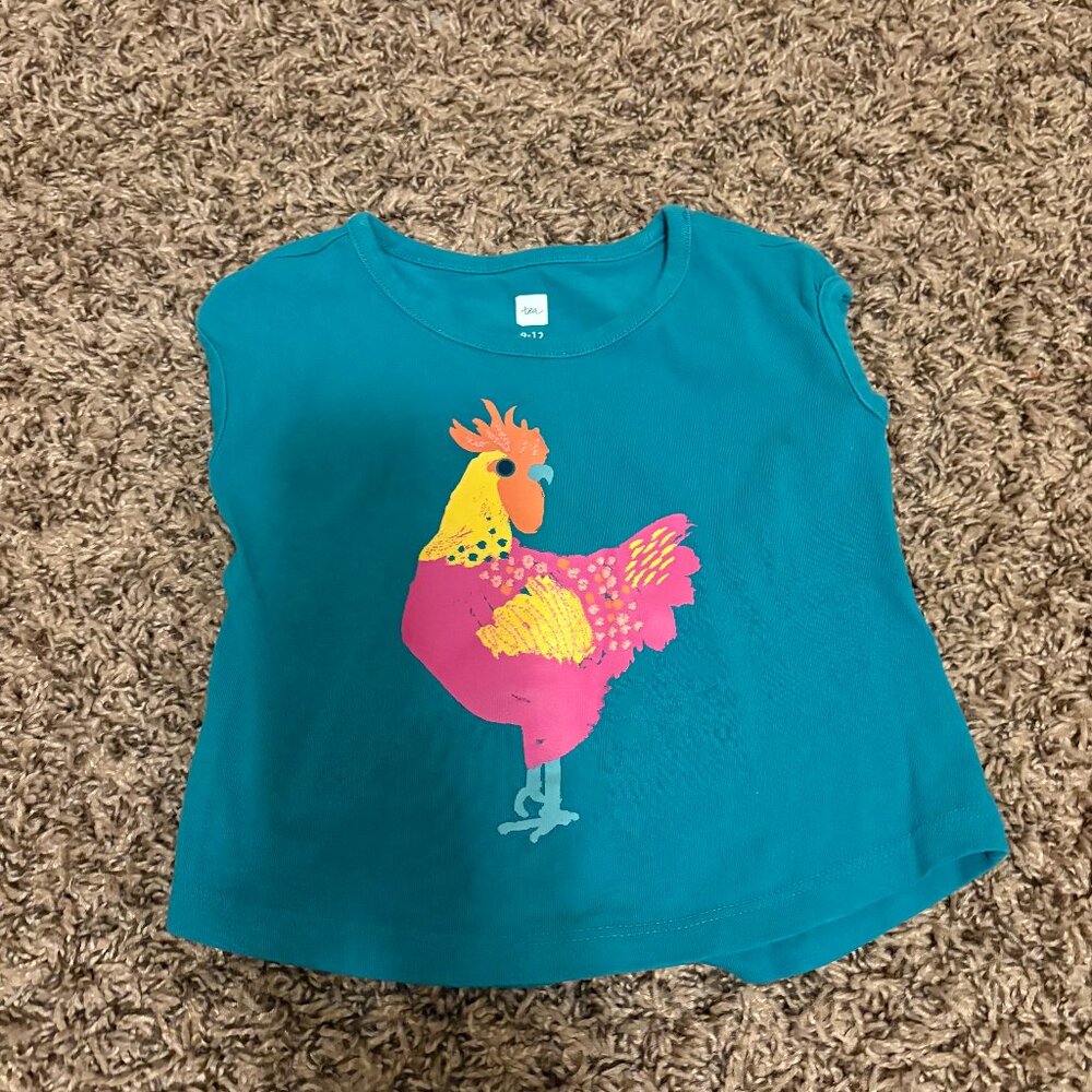 Tea Collection T Shirt 9-12 Months Blue Colorful Rooster Graphic Short Sleeve